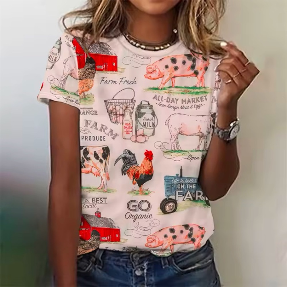 Plus Size Farm Print T-Shirt Colourful Animals Country Western Cowgirl Food